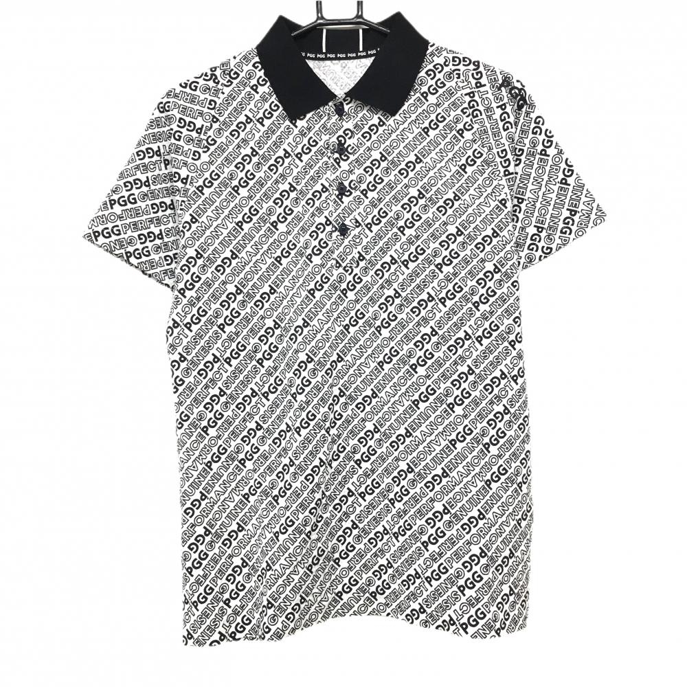【新品】PGGパーリーゲイツ 半袖ポロシャツ 白×黒 ロゴ総柄 織生地 メンズ 5(L) ゴルフウェア PEARLY GATES