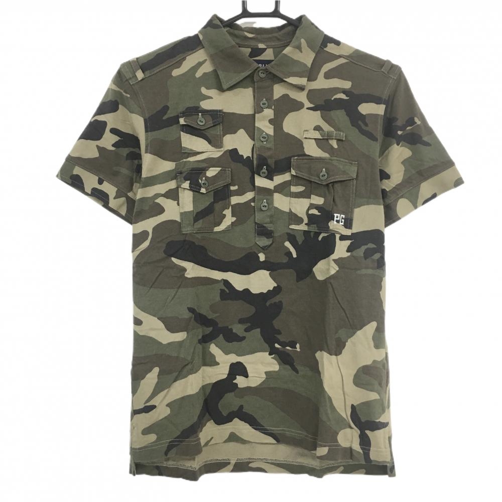パーリーゲイツ 半袖ポロシャツ ブラウン×カーキ カモフラ 迷彩 ティー装着可  メンズ 4(M) ゴルフウェア PEARLY GATES