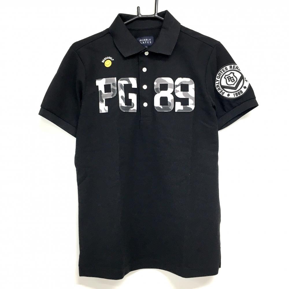 【美品】パーリーゲイツ 半袖ポロシャツ 黒×白 フェルトワッペンカモフラ ニコちゃん スマイル メンズ 4(M) ゴルフウェア PEARLY GATES