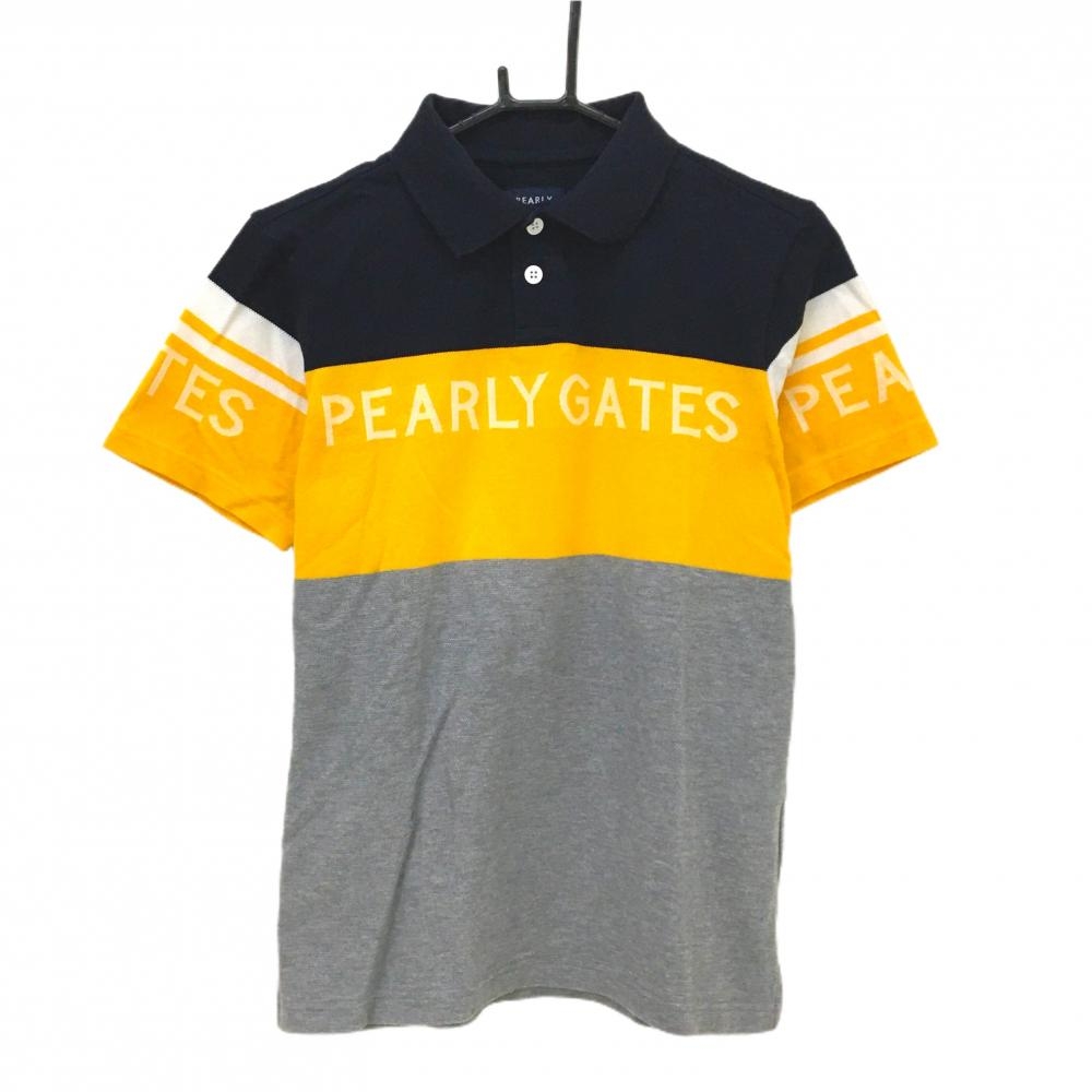 パーリーゲイツ 半袖ポロシャツ ネイビー×イエロー×グレー 胸ロゴ メンズ 4(M) ゴルフウェア PEARLY GATES