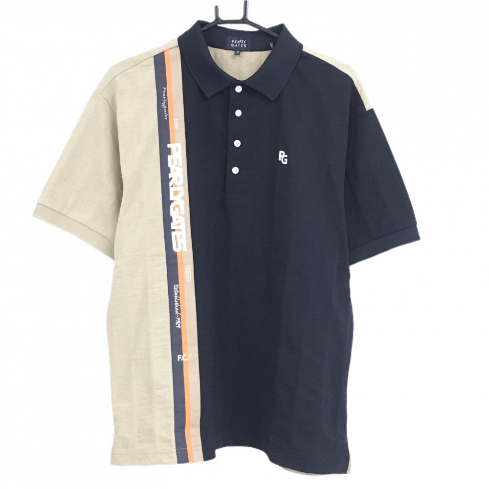 【超美品】パーリーゲイツ 半袖ポロシャツ ネイビー×ベージュ バイカラー風 地模様 メンズ 5(L) ゴルフウェア 2024年モデル PEARLY GATES