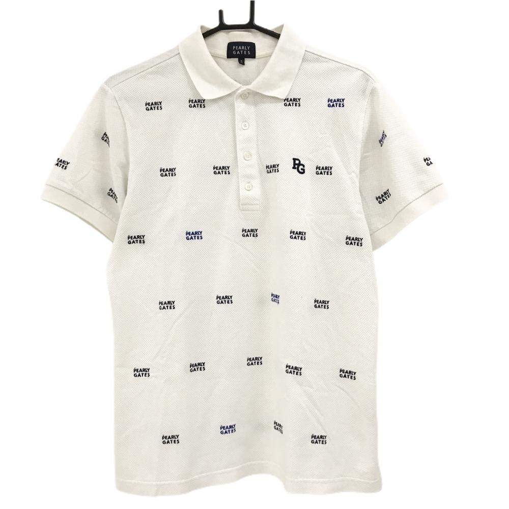 パーリーゲイツ 半袖ポロシャツ 白×ダークネイビー ロゴ総柄刺しゅう メンズ 5(L) ゴルフウェア PEARLY GATES