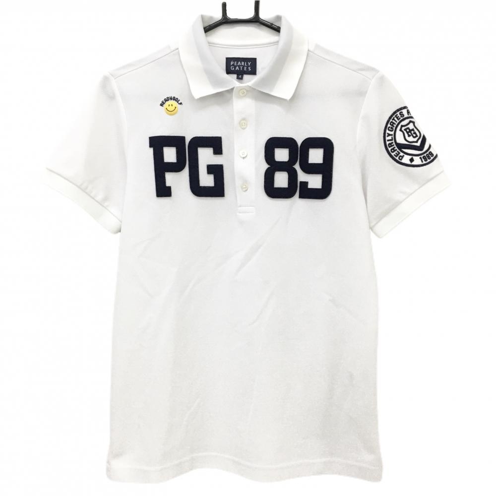 【美品】パーリーゲイツ 半袖ポロシャツ 白×ネイビー フェルトロゴ  メンズ 4(M) ゴルフウェア PEARLY GATES
