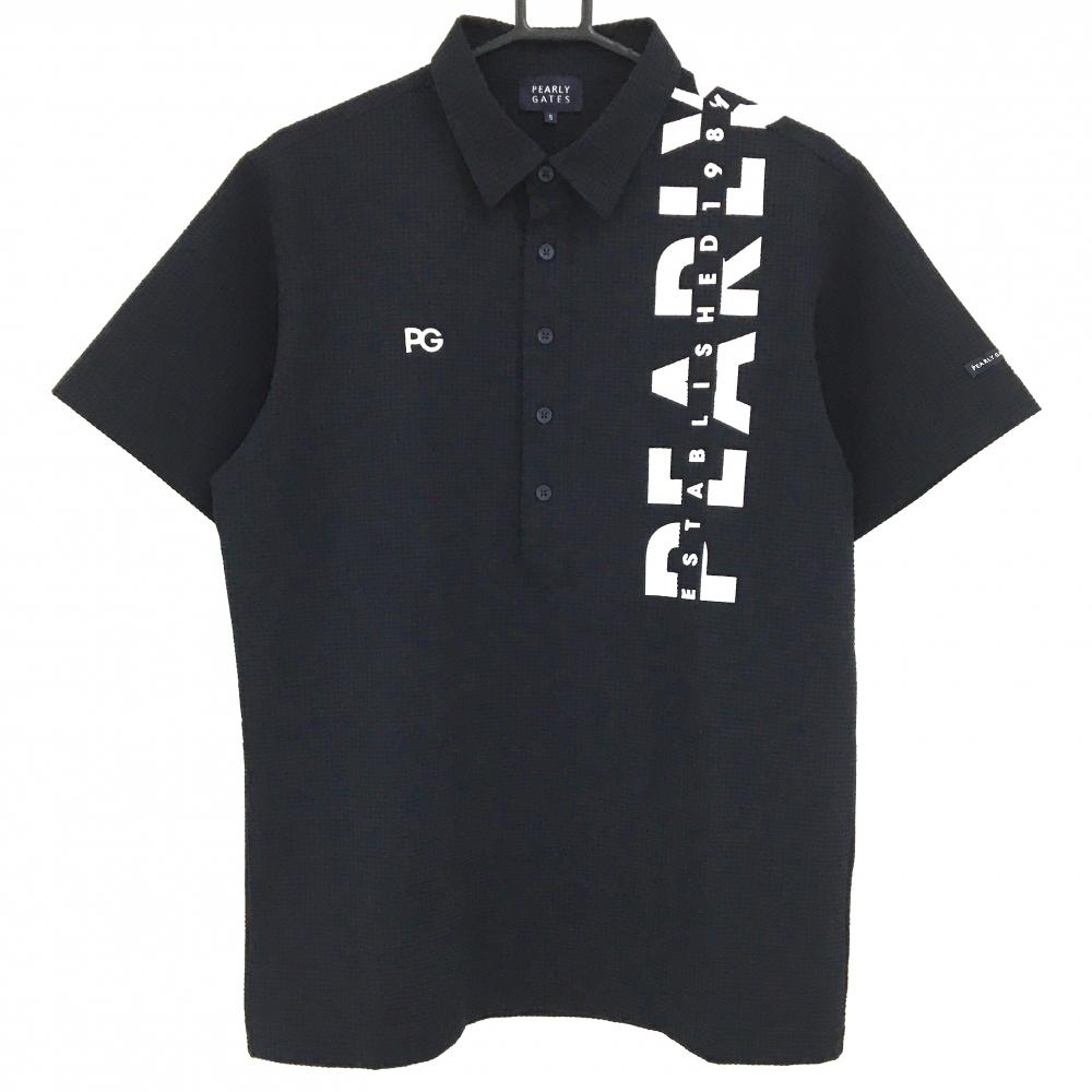 【超美品】パーリーゲイツ 半袖ポロシャツ ネイビー×白 サッカー調生地 左肩ロゴプリント  メンズ 5(L) ゴルフウェア PEARLY GATES