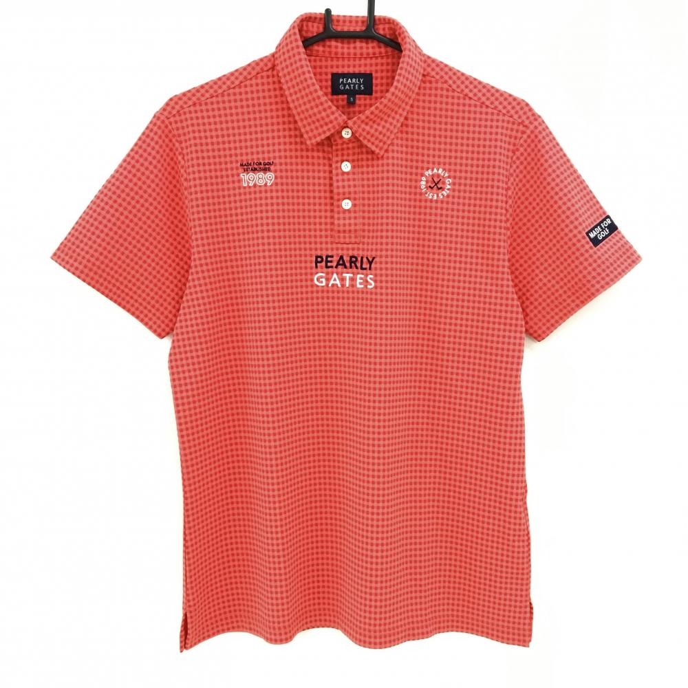 【超美品】パーリーゲイツ 半袖ポロシャツ オレンジレッド チェック  メンズ 5(L) ゴルフウェア PEARLY GATES
