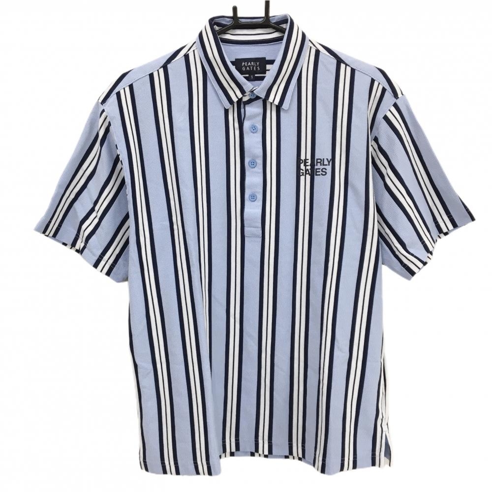 【超美品】パーリーゲイツ 半袖ポロシャツ ライトブルー×白×ネイビー ストライプ  メンズ 5(L) ゴルフウェア 2025年モデル PEARLY GATES