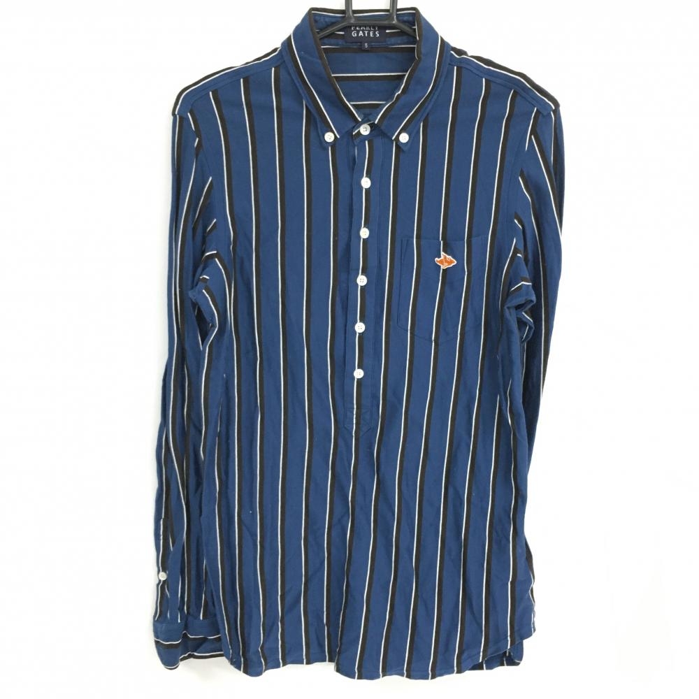 パーリーゲイツ 長袖ポロシャツ ネイビー×黒 ストライプ ボタンダウン コットン100％ メンズ 5(L) ゴルフウェア PEARLY GATES