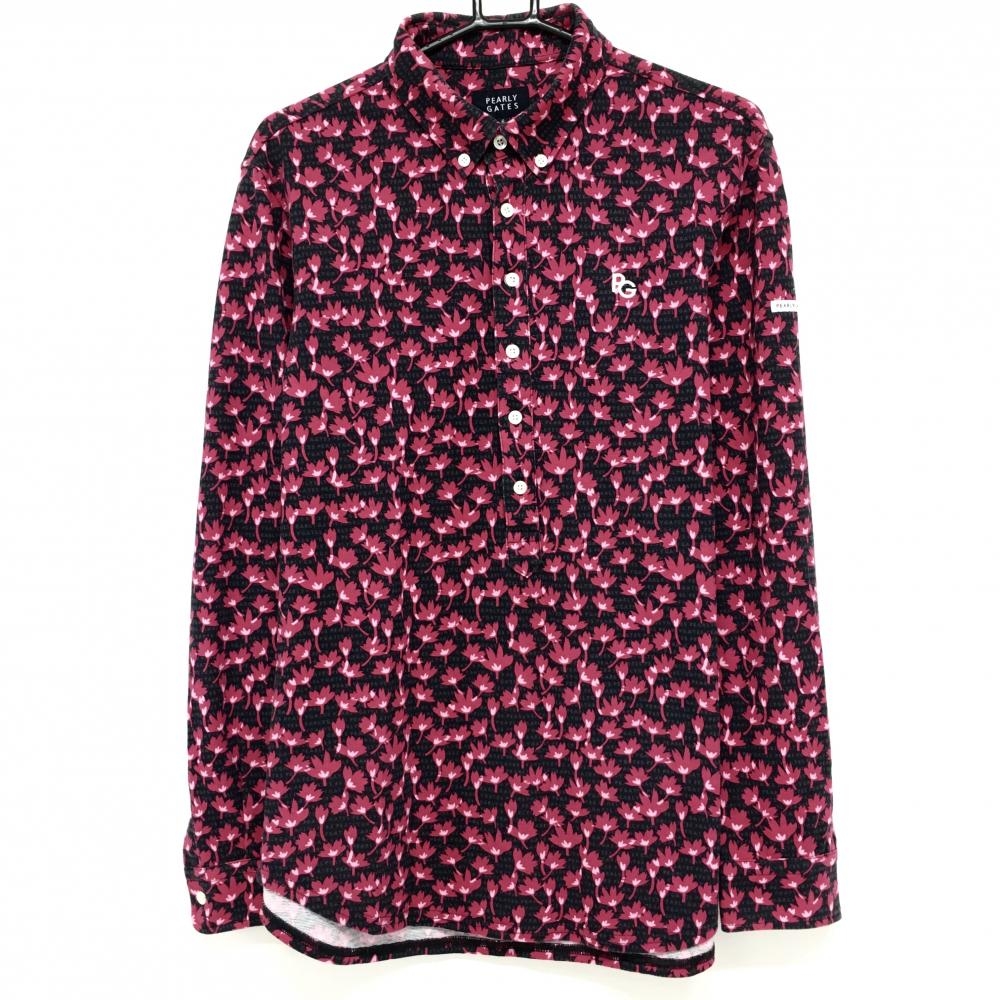 パーリーゲイツ 長袖ポロシャツ 黒×ピンク 花柄 ロゴ総柄 メンズ 6(XL) ゴルフウェア PEARLY GATES 画像