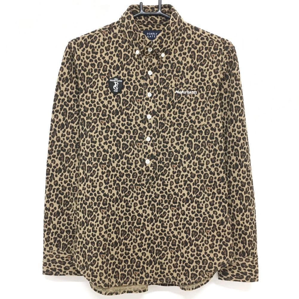 【超美品】パーリーゲイツ 長袖ポロシャツ ライトブラウン×ブラウン レオパード ボタンダウン メンズ 4(M) ゴルフウェア PEARLY GATES