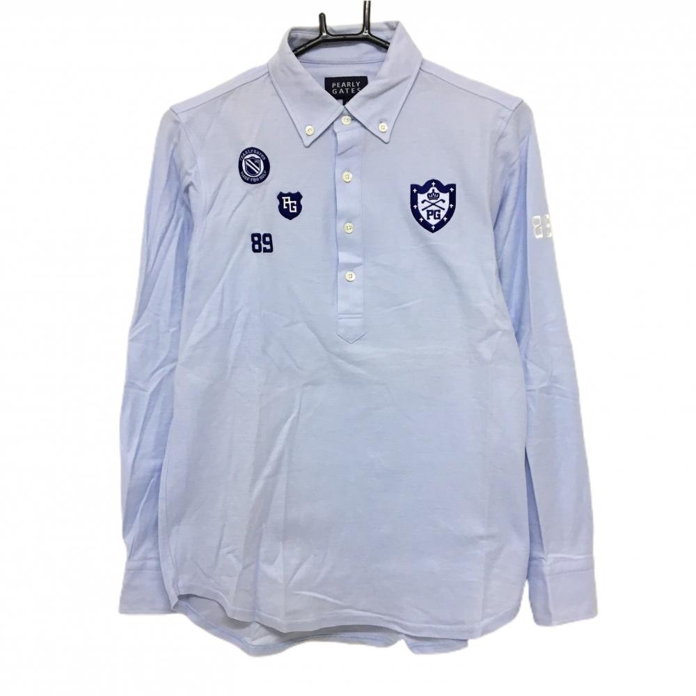 パーリーゲイツ 長袖ポロシャツ ライトブルー×ネイビー 胸ロゴ ボタンダウン メンズ 4(M) ゴルフウェア PEARLY GATES