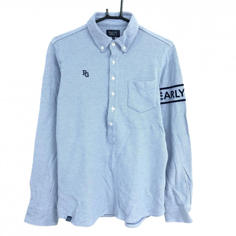 【美品】パーリーゲイツ 長袖ポロシャツ 杢ブルー×ネイビー 袖フロッキーロゴ  メンズ 6(XL) ゴルフウェア PEARLY GATES