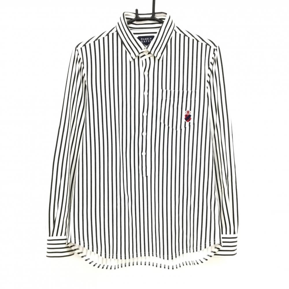 パーリーゲイツ 長袖ポロシャツ 白×黒 ストライプ ボタンダウン 胸ポケット メンズ 4(M) ゴルフウェア PEARLY GATES