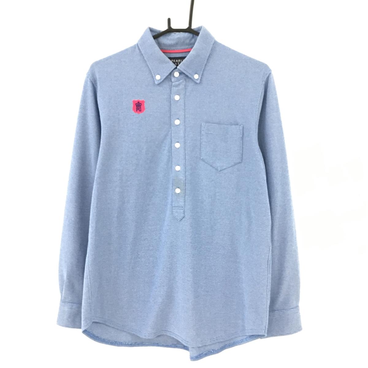 【美品】パーリーゲイツ 長袖ポロシャツ ブルー ロゴピンク ボタンダウン メンズ 6(XL) ゴルフウェア PEARLY GATES