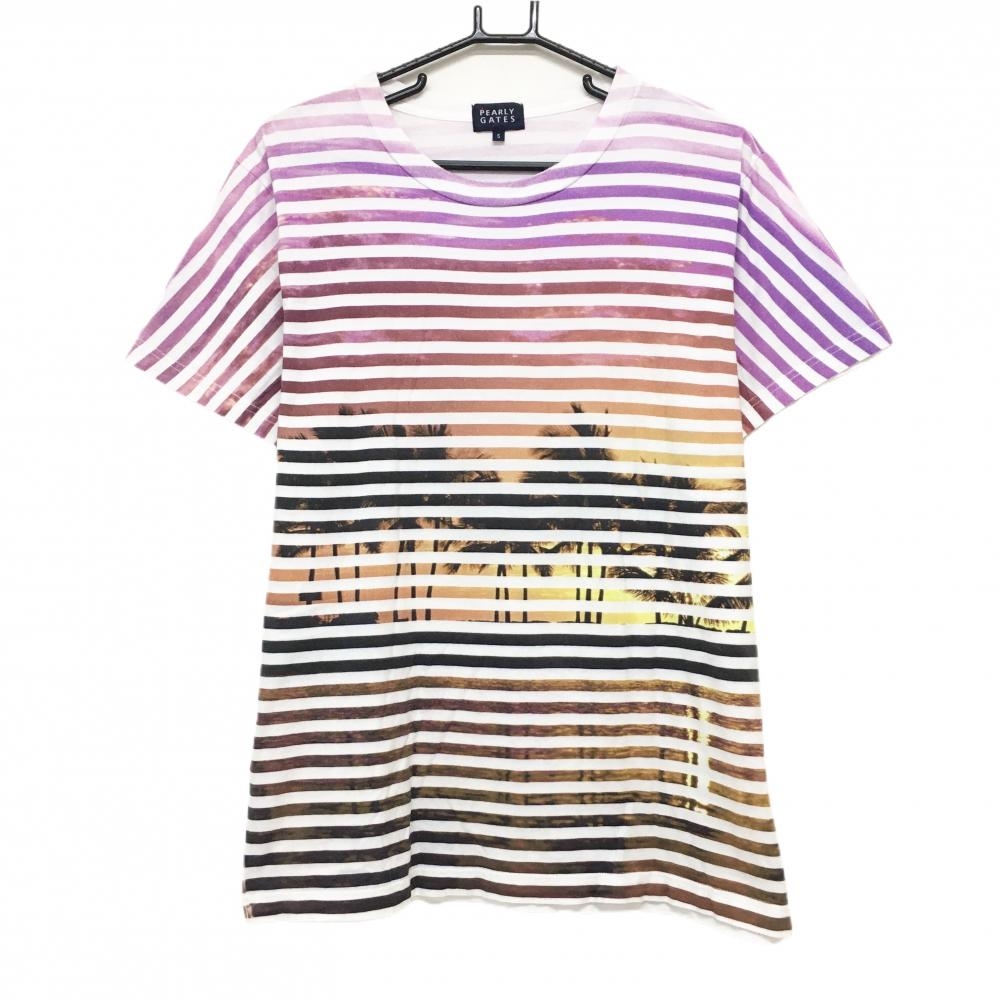 【美品】パーリーゲイツ Tシャツ パープル×白×マルチ ボーダー ヤシの木柄 コットン100％  メンズ 5(L) ゴルフウェア PEARLY GATES