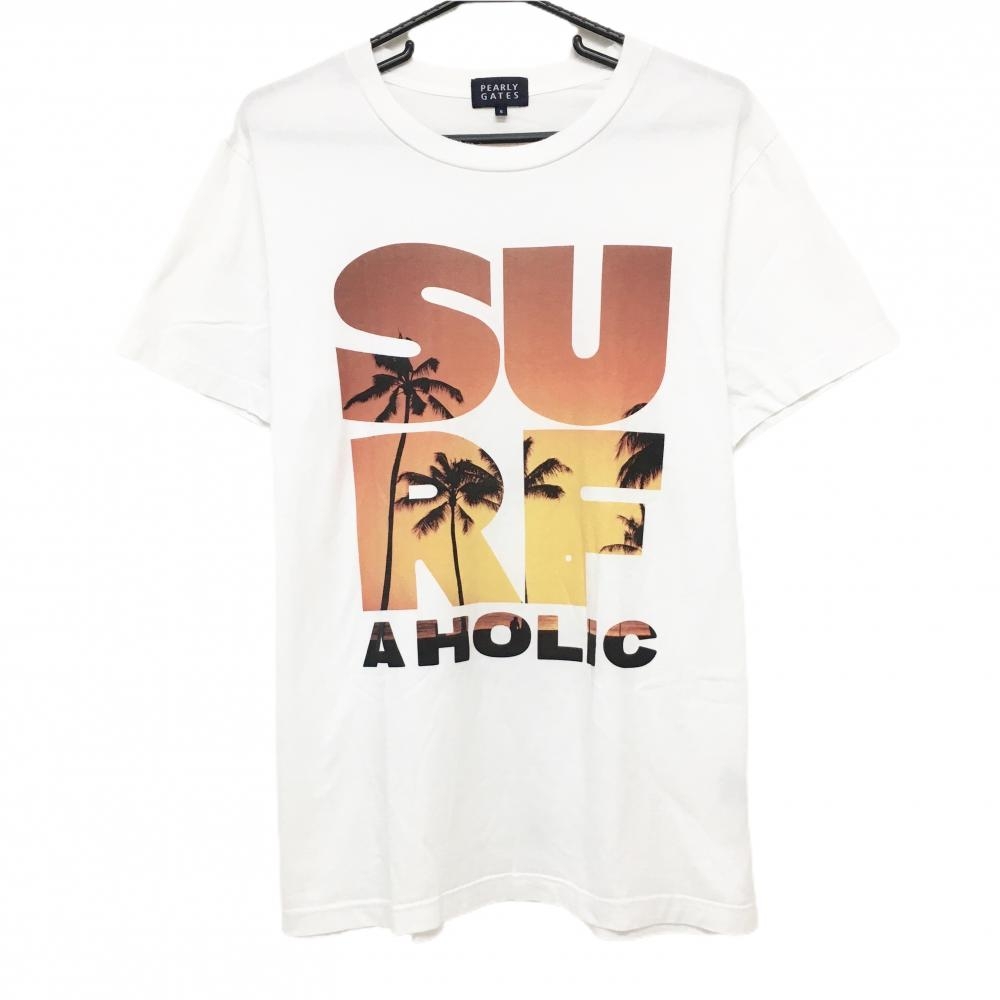【美品】パーリーゲイツ Tシャツ 白×レッド×イエロー 一部ヤシの木柄 コットン100％  メンズ 5(L) ゴルフウェア PEARLY GATES