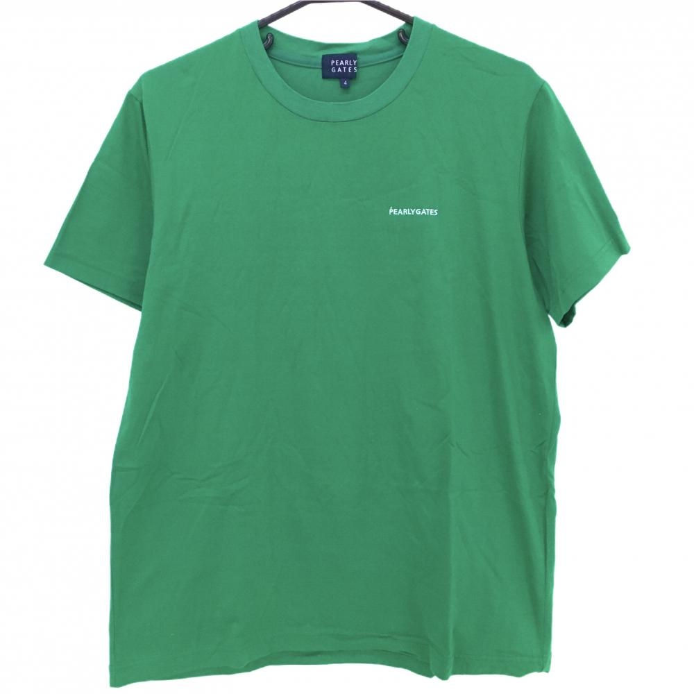 【美品】パーリーゲイツ Tシャツ グリーン×白 ニコちゃん スマイル コットン混 バックプリント メンズ 4(M) ゴルフウェア PEARLY GATES
