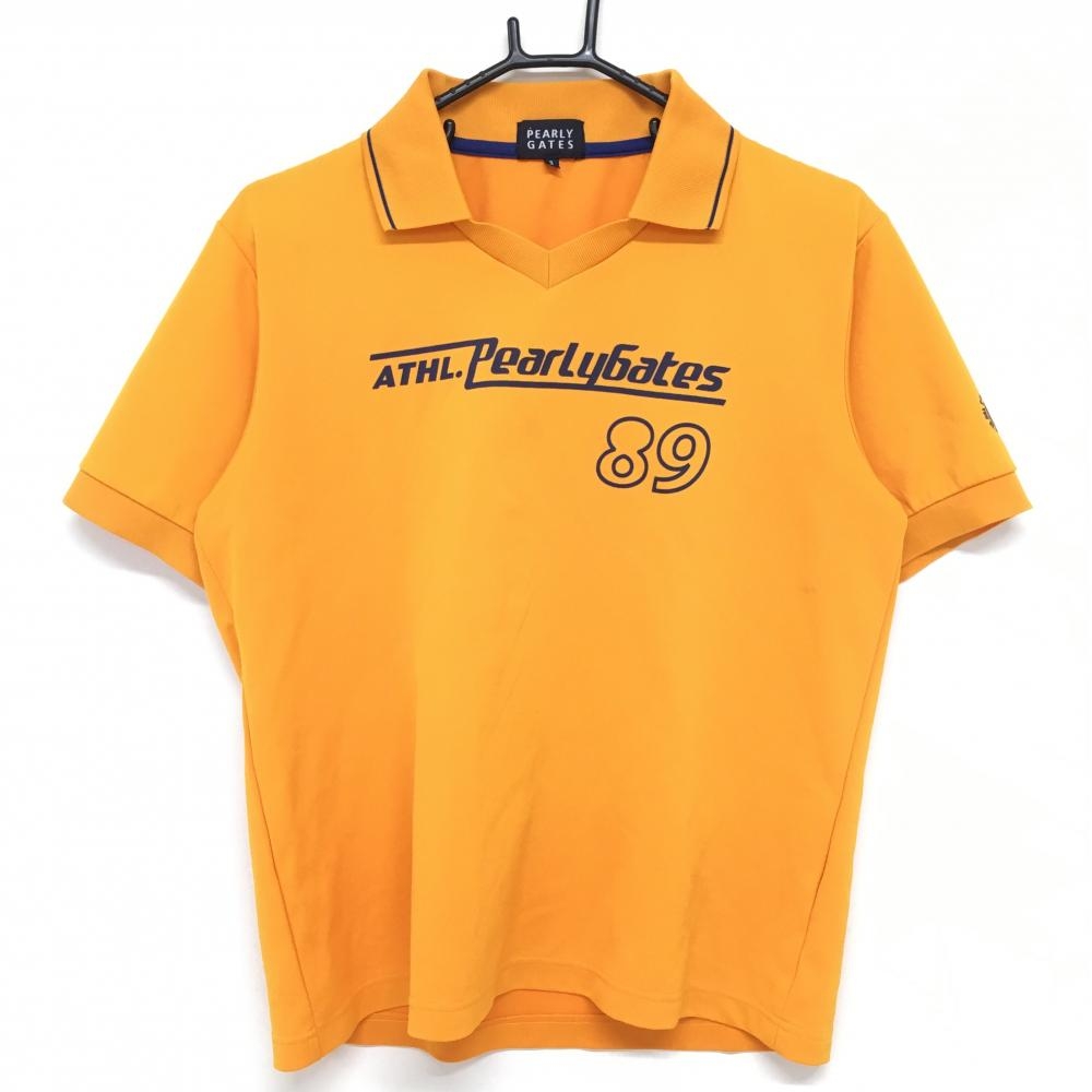 パーリーゲイツ 襟付半袖シャツ オレンジ×ネイビー Vネック ロゴプリント  メンズ 3(S) ゴルフウェア PEARLY GATES 画像