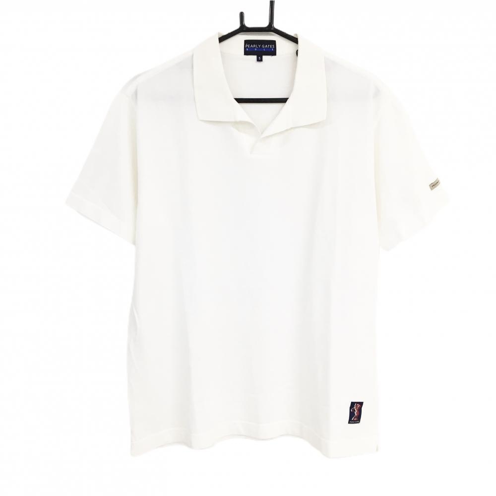 【美品】パーリーゲイツ 半袖スキッパーシャツ 白 袖ロゴワッペン メンズ 5(L) ゴルフウェア PEARLY GATES