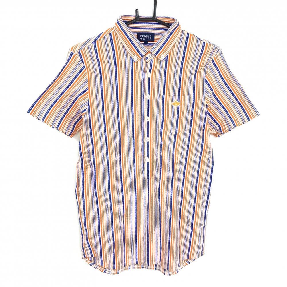【超美品】パーリーゲイツ 半袖シャツ オレンジ×ブルー ストライプ ボタンダウン メンズ 4(M) ゴルフウェア PEARLY GATES