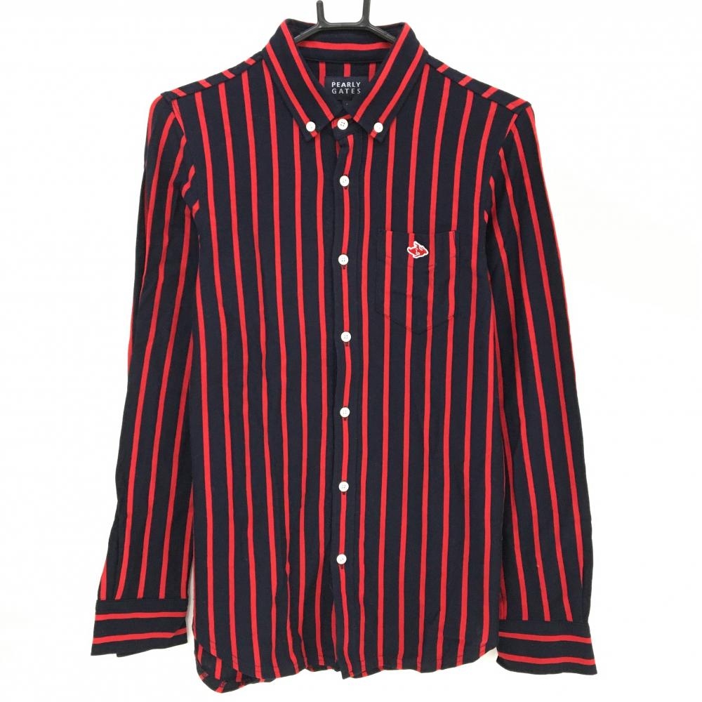 【超美品】パーリーゲイツ 長袖シャツ ダークネイビー×レッド ストライプ ボタンダウン メンズ 4(M) ゴルフウェア PEARLY GATES