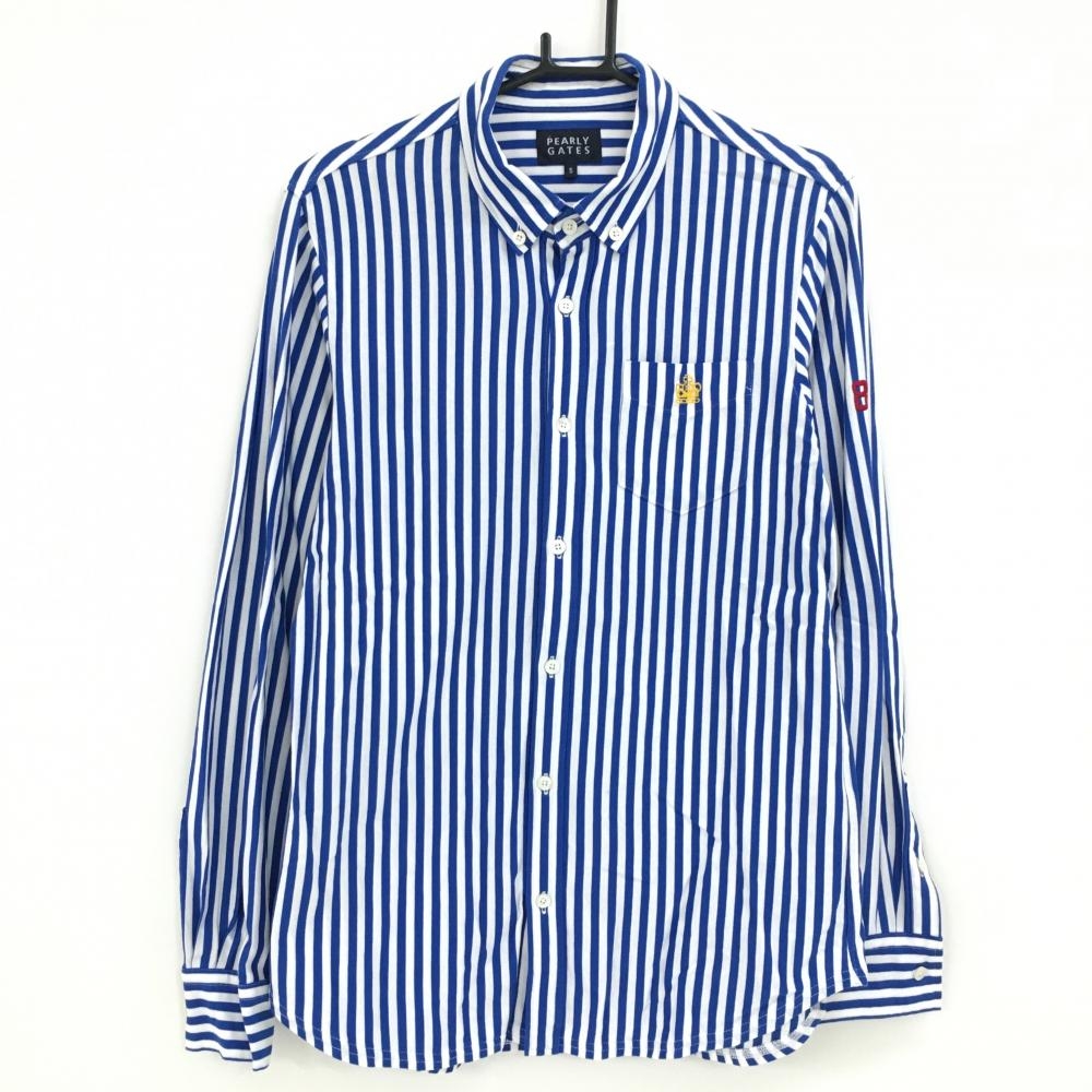 【美品】パーリーゲイツ 長袖シャツ 白×ブルー ストライプ コットン100％ ボタンダウン メンズ 5(L) ゴルフウェア PEARLY GATES
