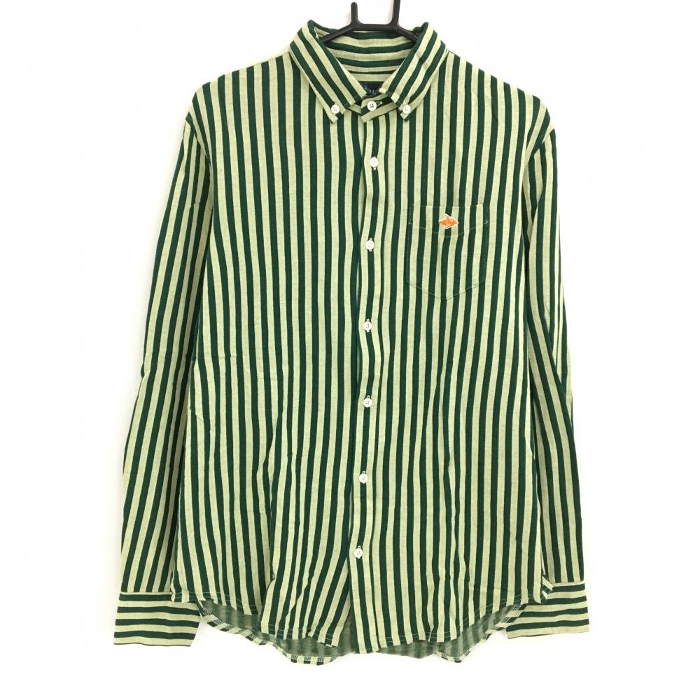【超美品】パーリーゲイツ 長袖シャツ グリーン×ライトグリーン ストライプ ボタンダウン  メンズ 5(L) ゴルフウェア PEARLY GATES