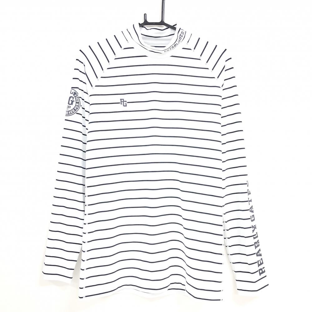 【超美品】パーリーゲイツ ハイネックインナーシャツ 白×黒 ボーダー 袖ロゴ メンズ 5(L) ゴルフウェア PEARLY GATES