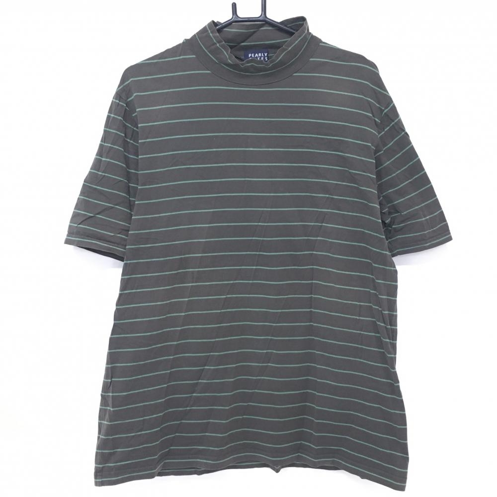パーリーゲイツ 半袖ハイネックシャツ カーキ系×ライトグリーン ボーダー コットン100％ メンズ 5(L) ゴルフウェア PEARLY GATES