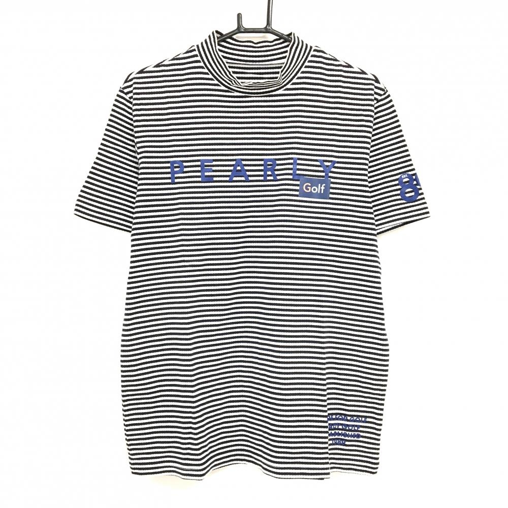 【美品】パーリーゲイツ 半袖ハイネックシャツ 白×黒 ボーダー ロゴブルー  メンズ 6(XL) ゴルフウェア PEARLY GATES