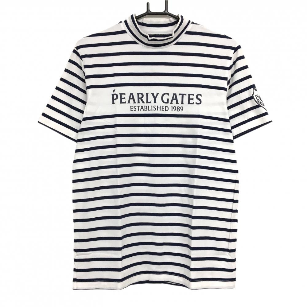 【美品】パーリーゲイツ 半袖ハイネックシャツ 白×ネイビー ボーダー コットン混  メンズ 6(XL) ゴルフウェア PEARLY GATES