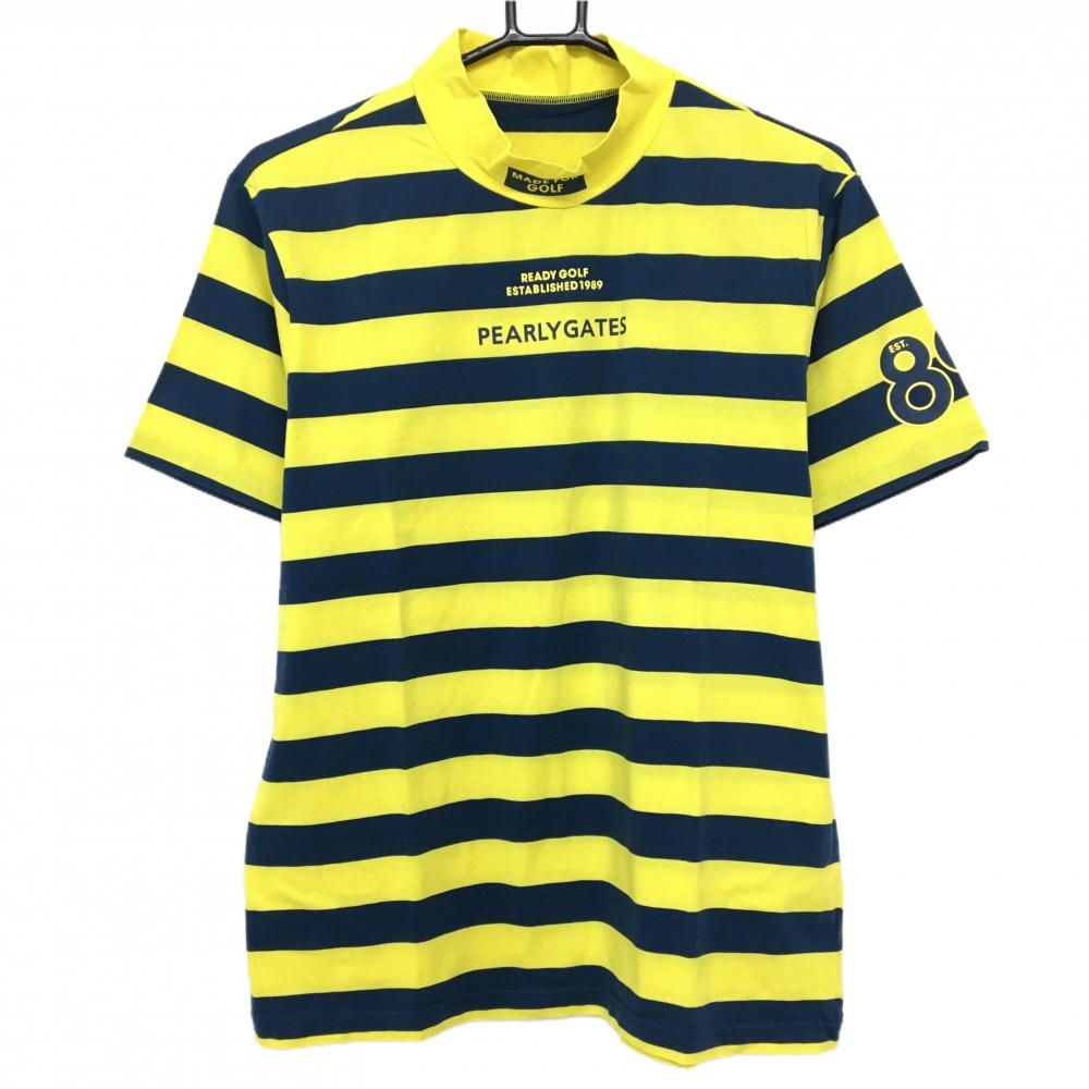 【美品】パーリーゲイツ 半袖ハイネックシャツ イエロー×ネイビー ボーダー コットン混  メンズ 6(XL) ゴルフウェア PEARLY GATES