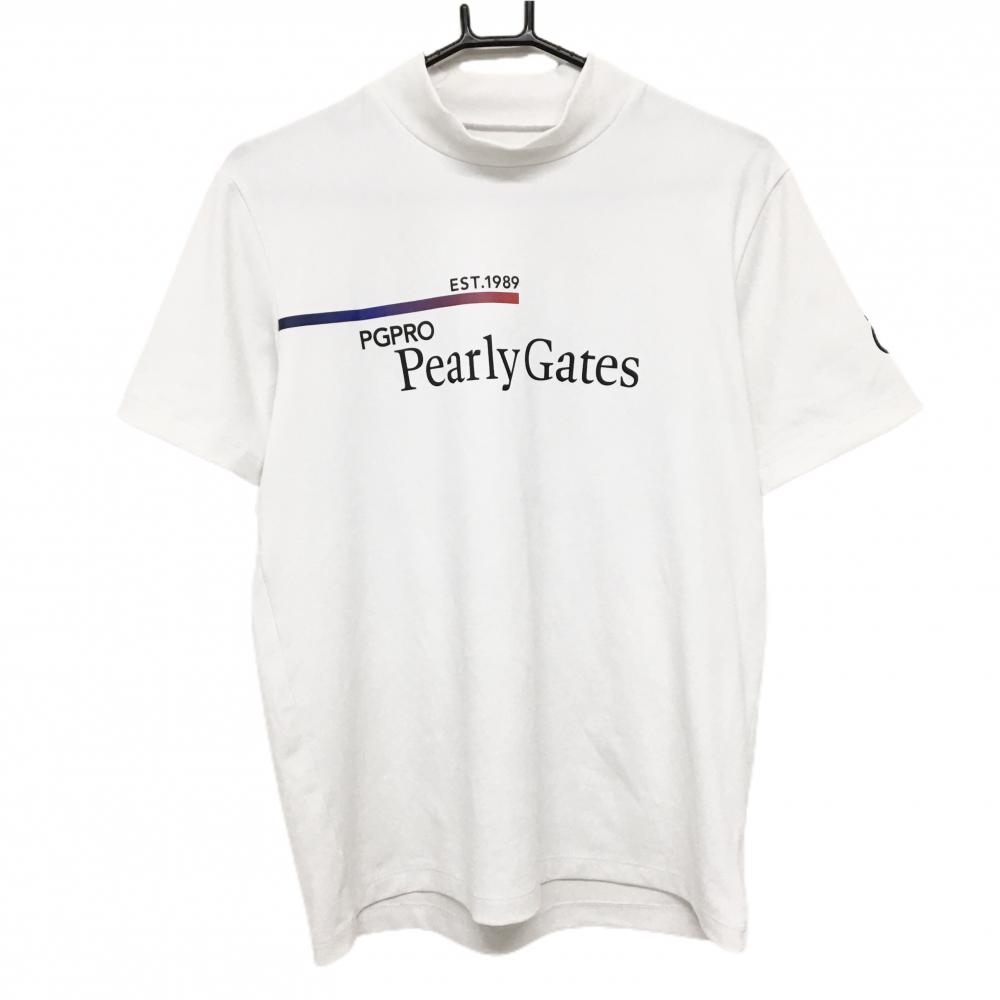 【超美品】パーリーゲイツ 半袖ハイネックシャツ 白×黒 フロントロゴ メンズ 4(M) ゴルフウェア 2024年モデル PEARLY GATES