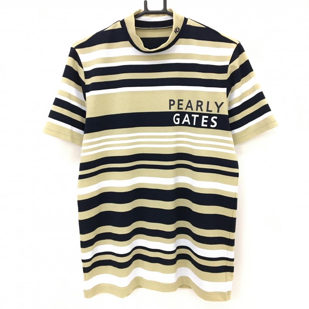 【超美品】パーリーゲイツ 半袖ハイネックシャツ ベージュ×黒×白 ボーダー 胸ロゴ メンズ 5(L) ゴルフウェア 2024年モデル PEARLY GATES
