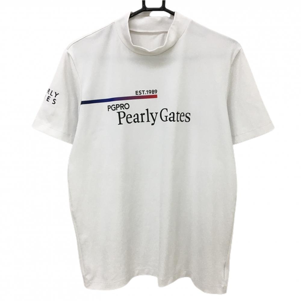 パーリーゲイツ 半袖ハイネックシャツ 白×ダークネイビー PG PRO フロントロゴ メンズ 5(L) ゴルフウェア 2024年モデル PEARLY GATES