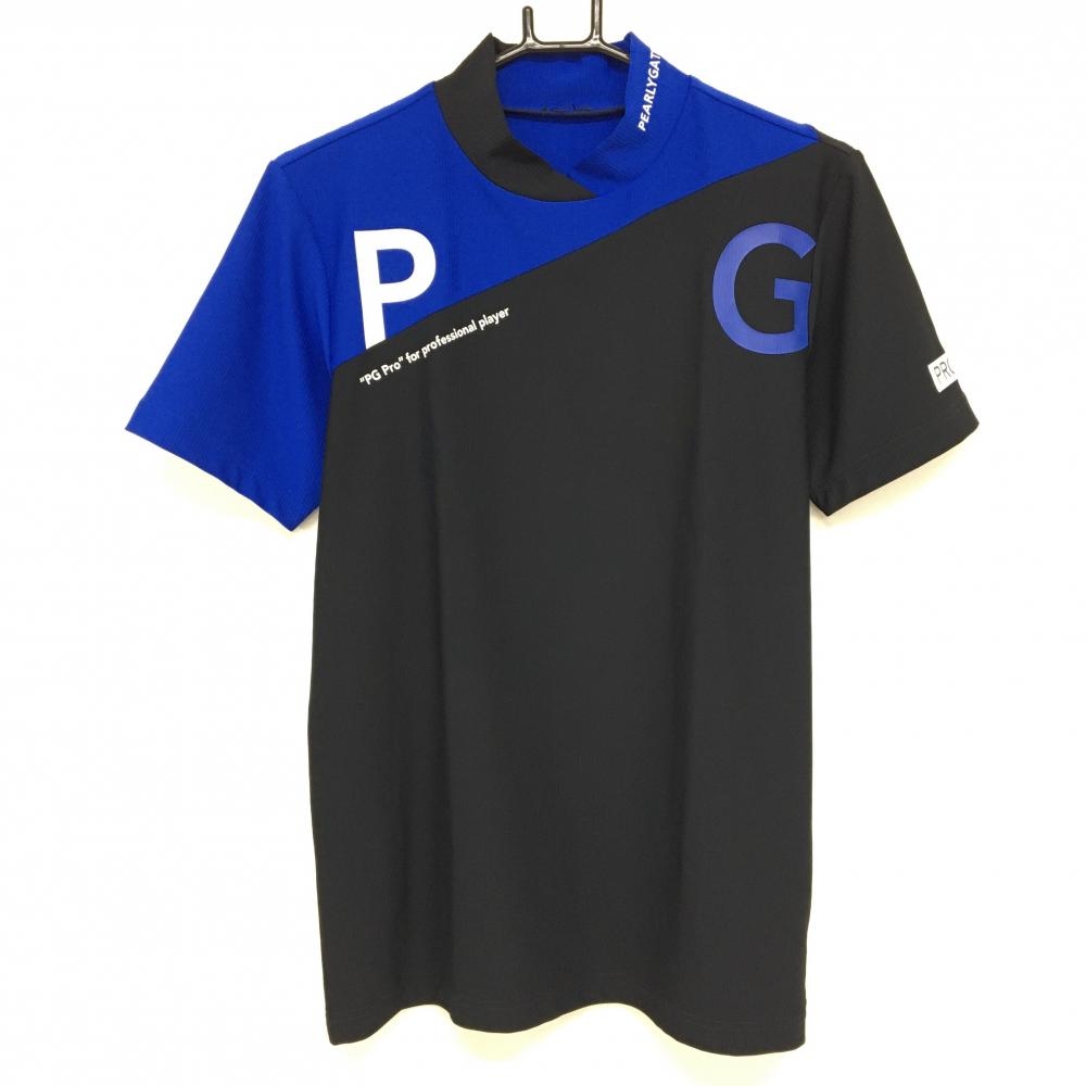 【超美品】パーリーゲイツ 半袖ハイネックシャツ 黒×ブルー バイカラー メンズ 4(M) ゴルフウェア 2024年モデル PEARLY GATES