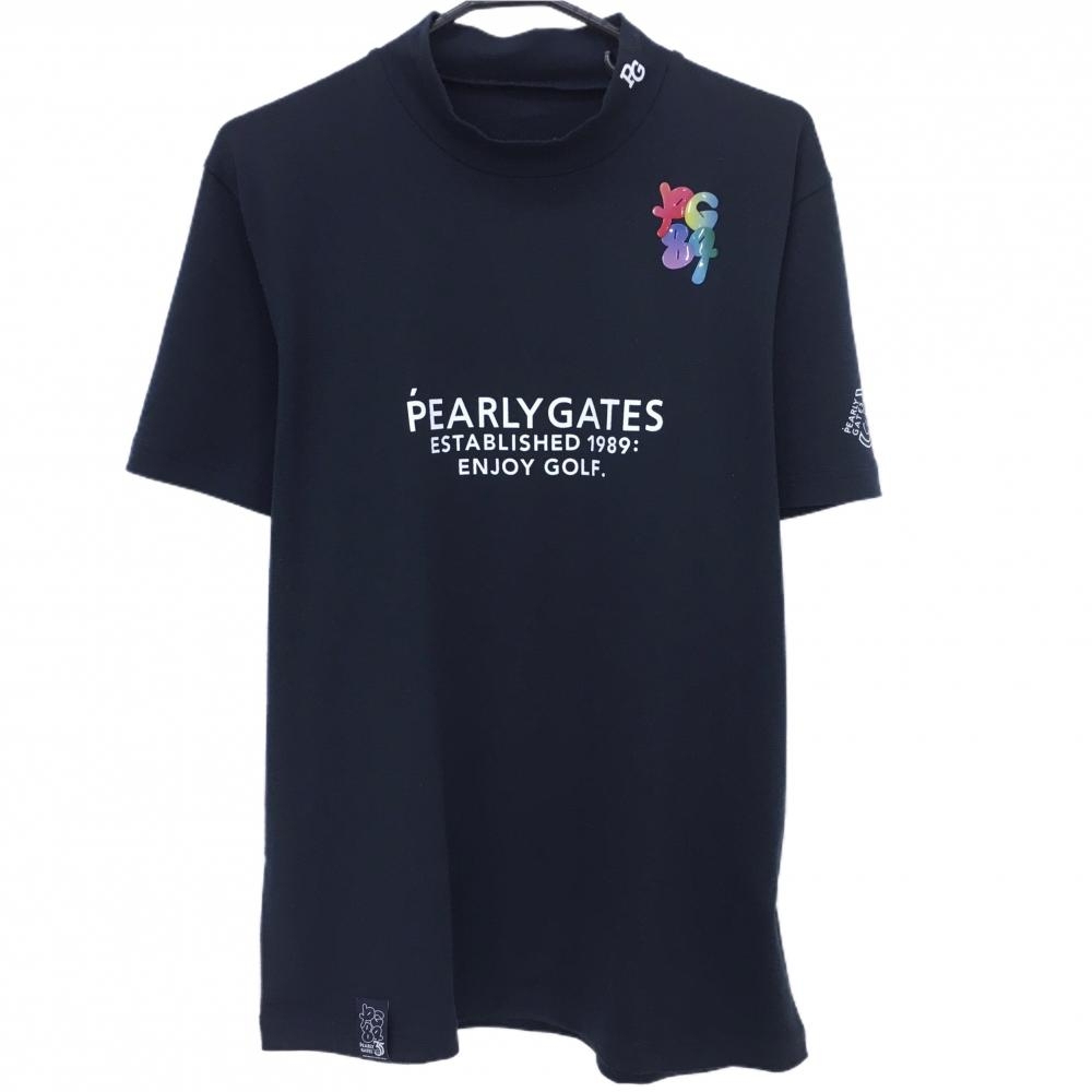 【美品】パーリーゲイツ 半袖ハイネックシャツ ネイビー 35周年 フロントロゴ 毛羽立ち メンズ  ゴルフウェア 2024年モデル PEARLY GATES