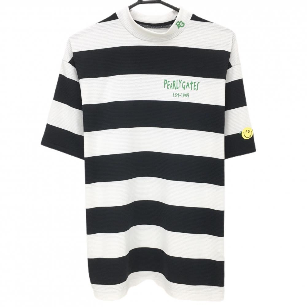 【超美品】パーリーゲイツ 半袖ハイネックシャツ 白×ネイビー ボーダー 背面ロゴ  メンズ 5(L) ゴルフウェア 2024年モデル PEARLY GATES