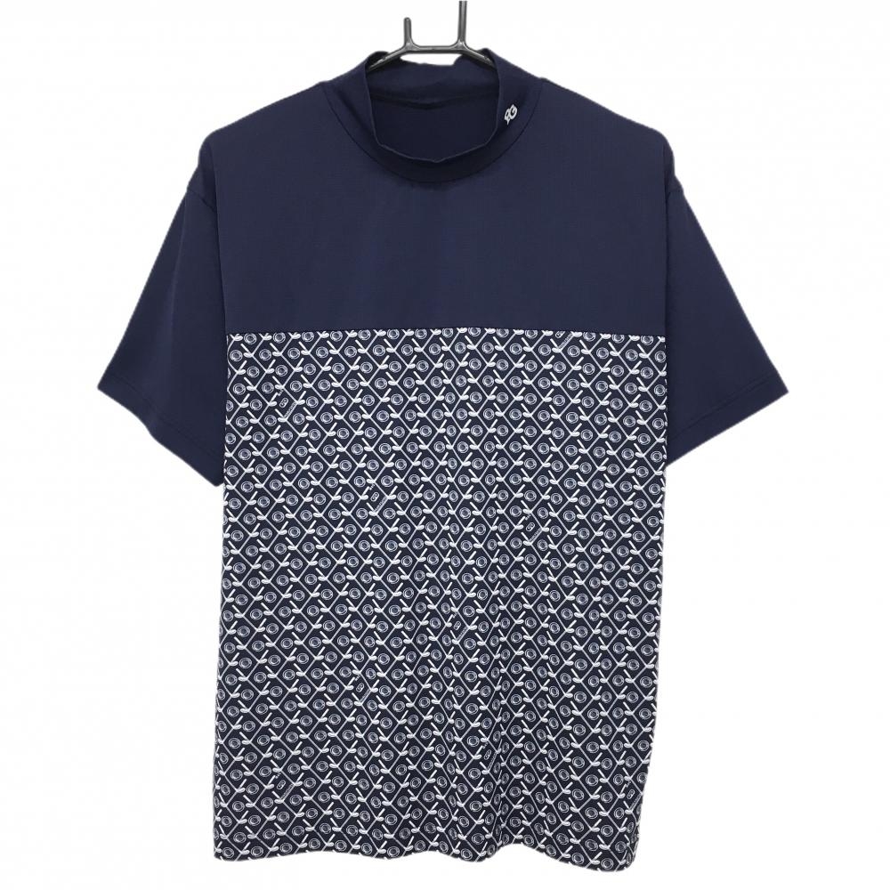 【超美品】パーリーゲイツ 半袖ハイネックシャツ ネイビー×白 胸下総柄 ストレッチ メンズ 4(M) ゴルフウェア 2024年モデル PEARLY GATES