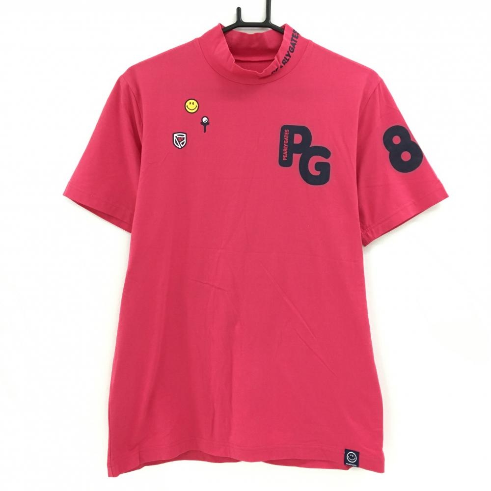 【超美品】パーリーゲイツ 半袖ハイネックシャツ レッド系 ニコちゃん スマイル ストレッチ  メンズ 5(L) ゴルフウェア PEARLY GATES