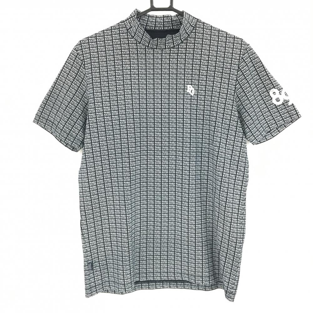 【超美品】パーリーゲイツ 半袖ハイネックシャツ 黒×白 ロゴ総柄 メンズ 5(L) ゴルフウェア PEARLY GATES