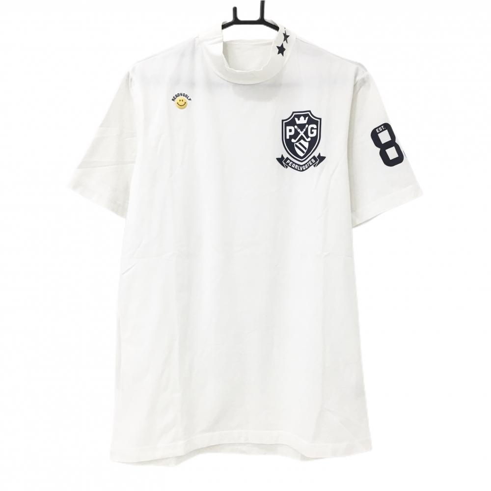 パーリーゲイツ 半袖ハイネックシャツ 白×ネイビー ニコちゃん スマイル  メンズ 6(XL) ゴルフウェア PEARLY GATES