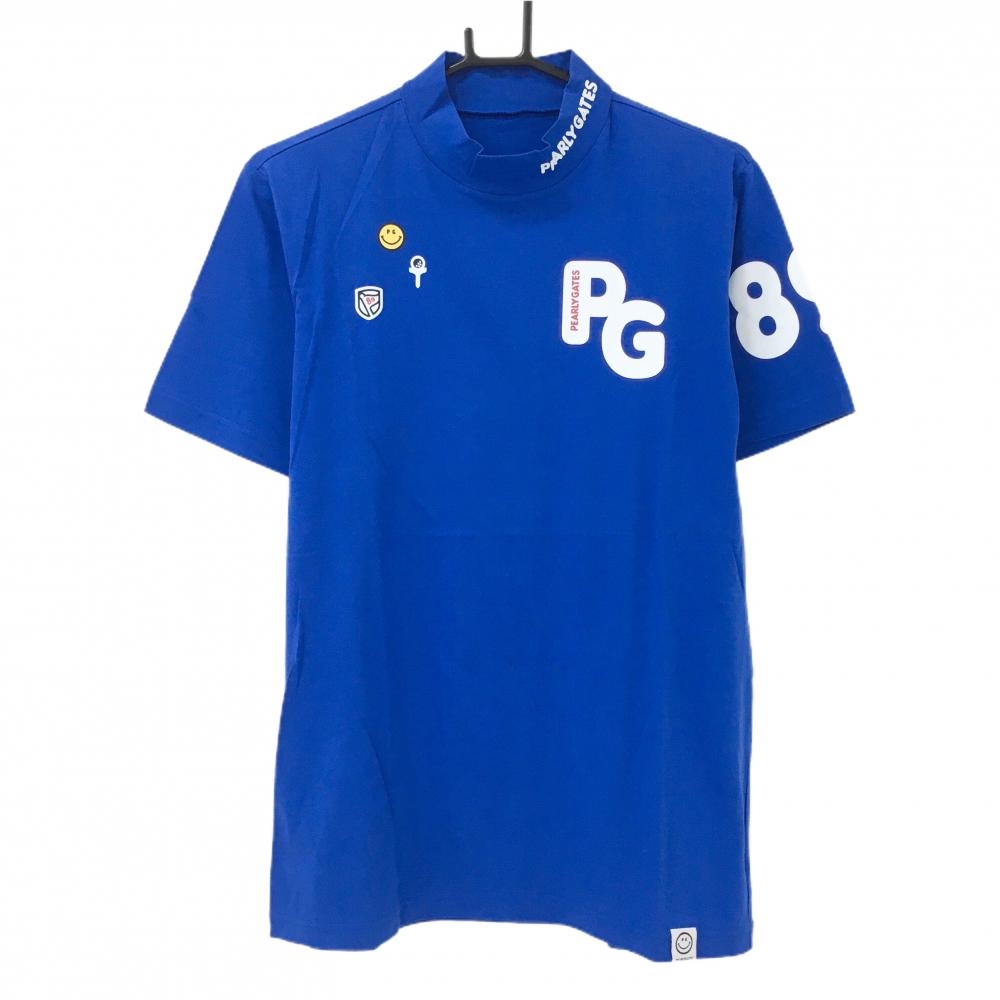 【超美品】パーリーゲイツ 半袖ハイネックシャツ ブルー×白 ネックロゴ ニコちゃん スマイル メンズ 5(L) ゴルフウェア PEARLY GATES
