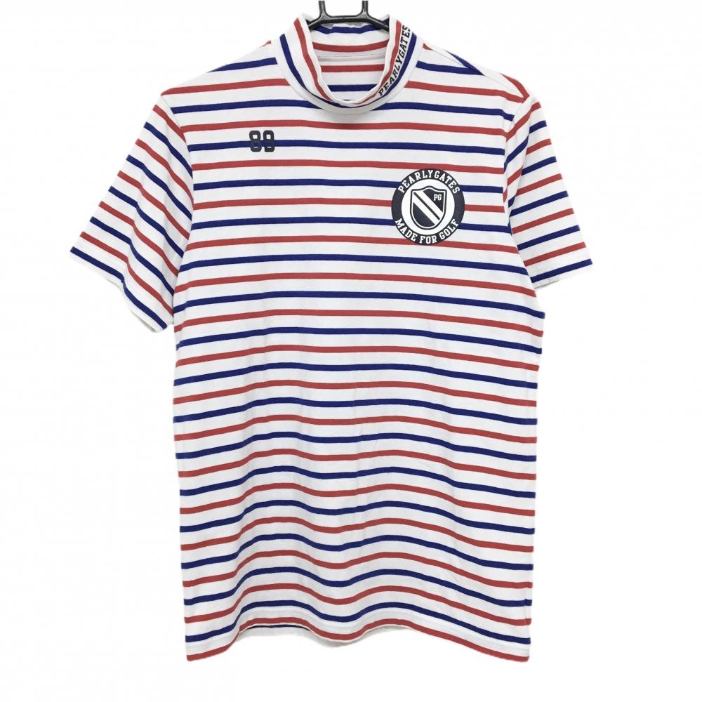 【美品】パーリーゲイツ 半袖ハイネックシャツ 白×レッド×ブルー ボーダー ネックロゴ  メンズ 5(L) ゴルフウェア PEARLY GATES