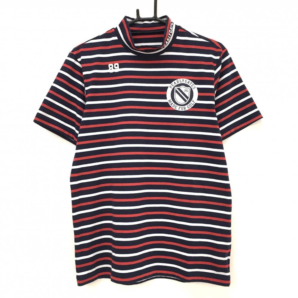 【美品】パーリーゲイツ 半袖ハイネックシャツ ダークネイビー×レッド×白 ボーダー メンズ 5(L) ゴルフウェア PEARLY GATES