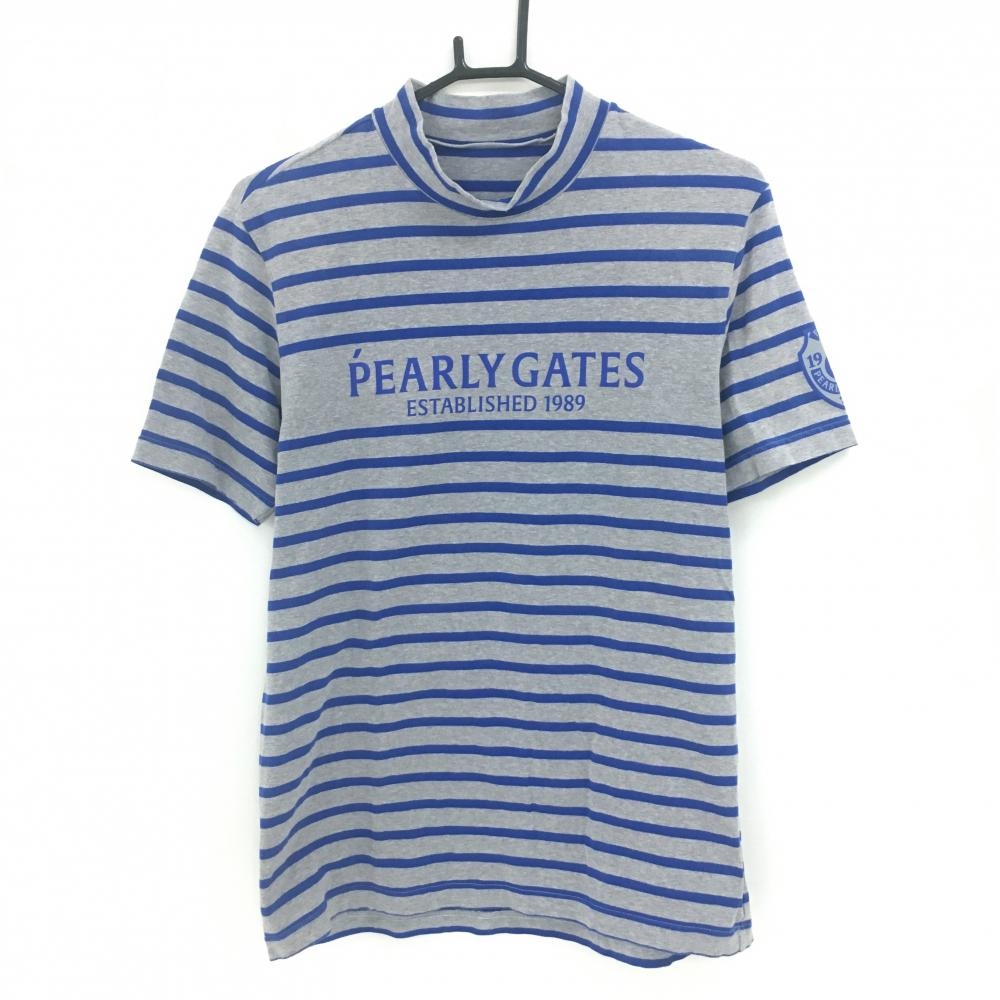 【美品】パーリーゲイツ 半袖ハイネックシャツ グレー×ブルー ボーダー ストレッチ メンズ 5(L) ゴルフウェア PEARLY GATES