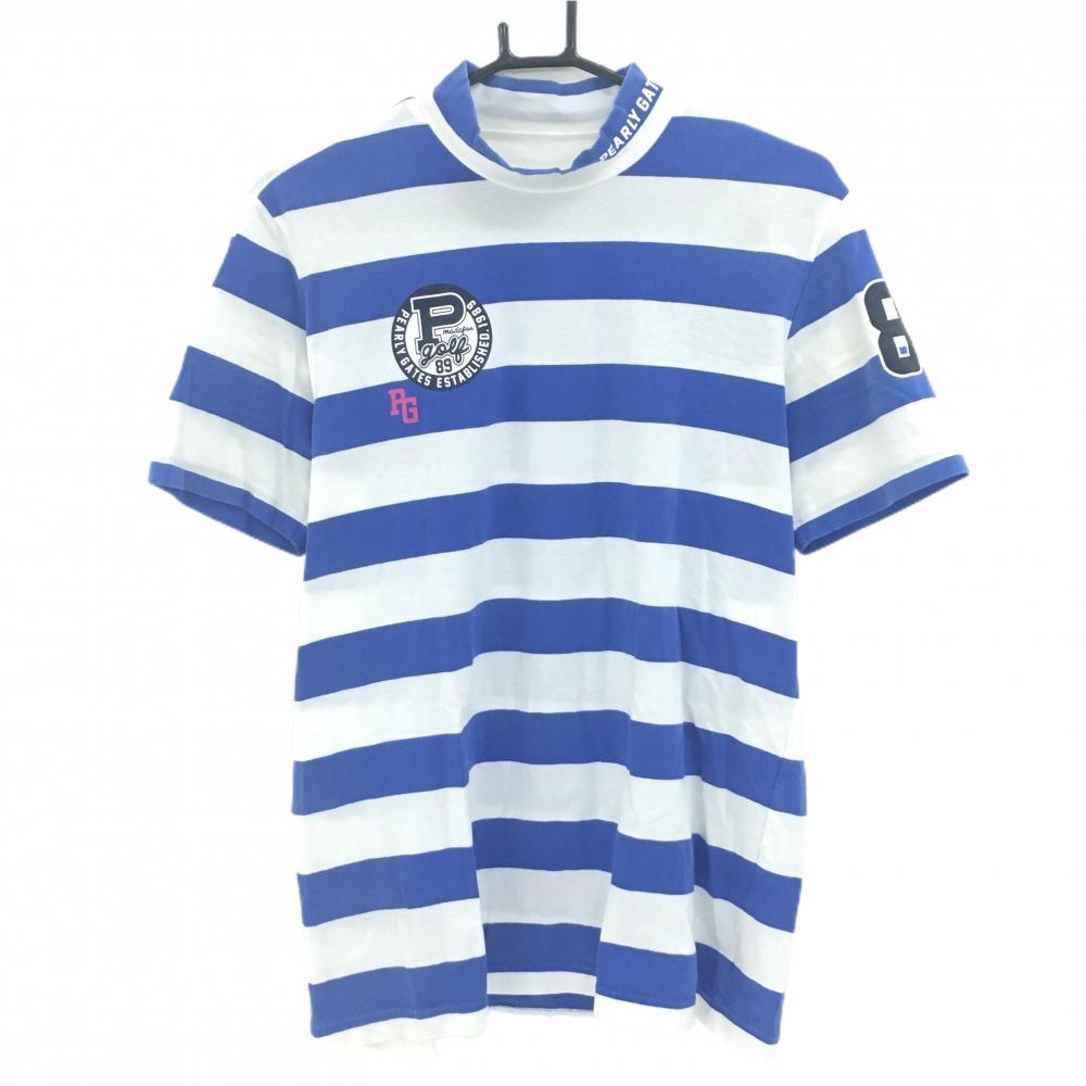 パーリーゲイツ 半袖ハイネックシャツ 白×ブルー ボーダー ストレッチ メンズ 5(L) ゴルフウェア PEARLY GATES