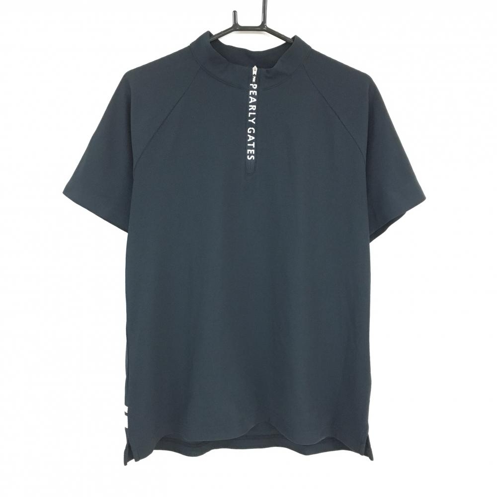 【美品】PGGパーリーゲイツ 半袖ハイネックシャツ ダークネイビー×白 ハーフジップ ジップロゴ メンズ 6(XL) ゴルフウェア PEARLY GATES