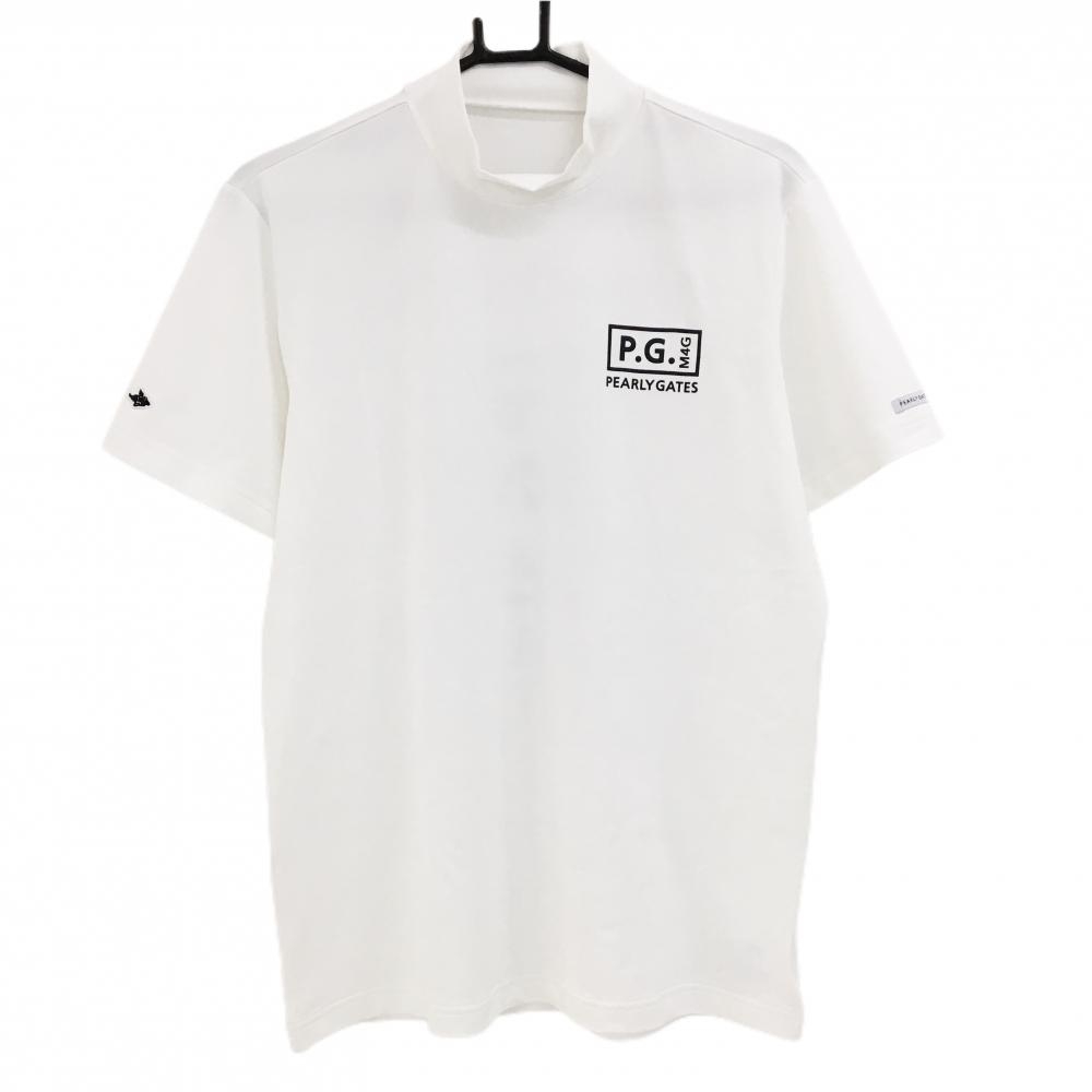 【超美品】パーリーゲイツ 半袖ハイネックシャツ 白×黒 背面ロゴプリント メンズ 5(L) ゴルフウェア PEARLY GATES