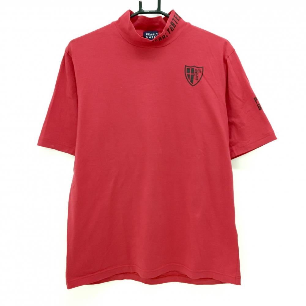 【美品】パーリーゲイツ 半袖ハイネックシャツ レッド×黒 ネックロゴ メンズ 5(L) ゴルフウェア PEARLY GATES