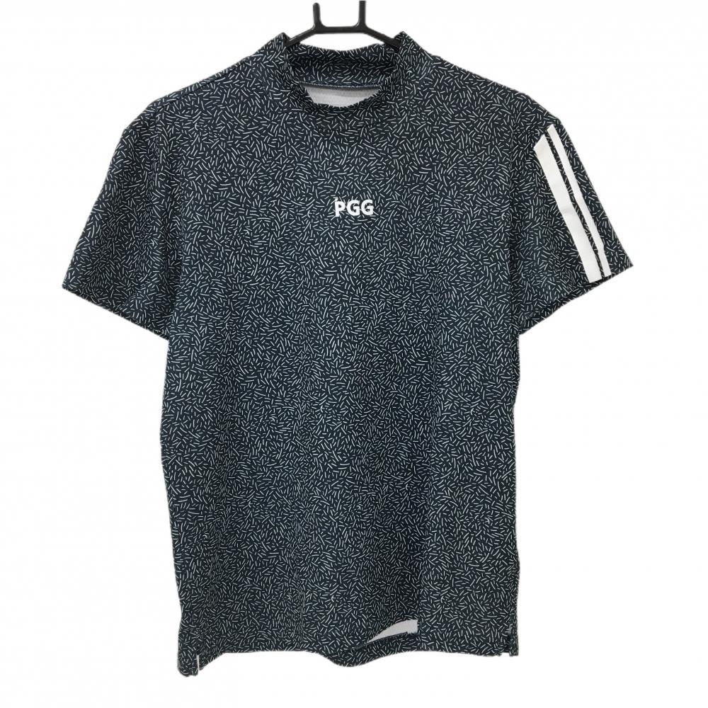 【美品】PGGパーリーゲイツ 半袖ハイネックシャツ ダークネイビー×白 総柄 背面ロゴ  メンズ 5(L) ゴルフウェア PEARLY GATES